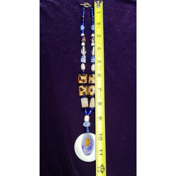 Glass Bead Necklace And Pendant, Blue, White, and Brown, Millefiori, Quartz - Picture 12 of 12